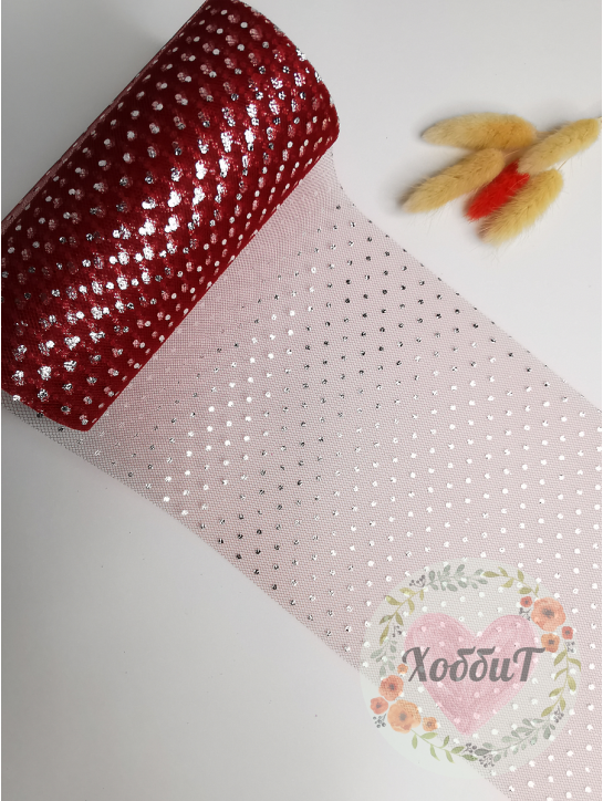 Фатин "Горошек мелкий" 15см (бордовый/серебро), метр